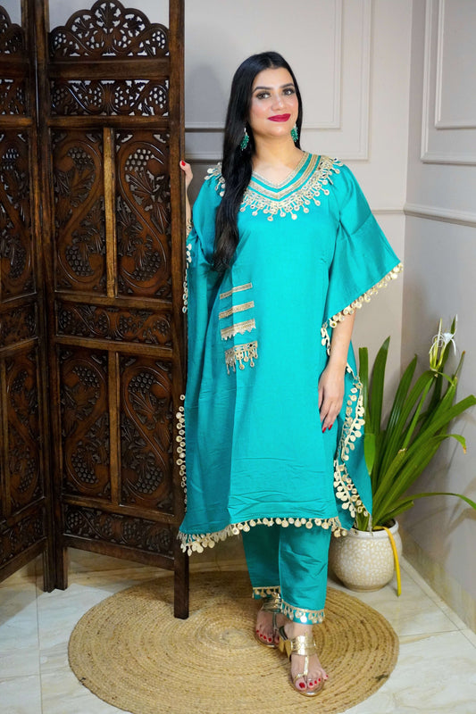 Turquoise Blue Colour Gota and Mirror Work Kaftan Set With Pocket