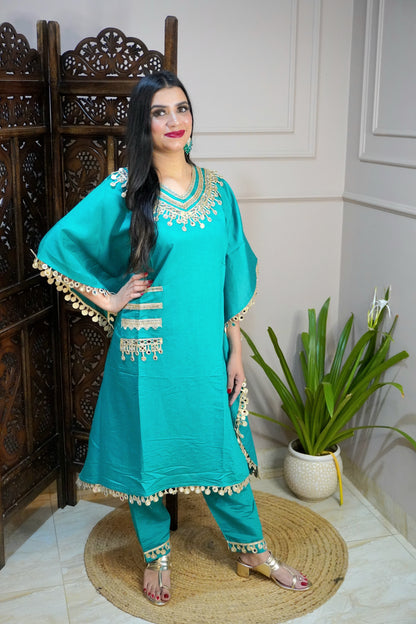 Turquoise Blue Colour Gota and Mirror Work Kaftan Set With Pocket