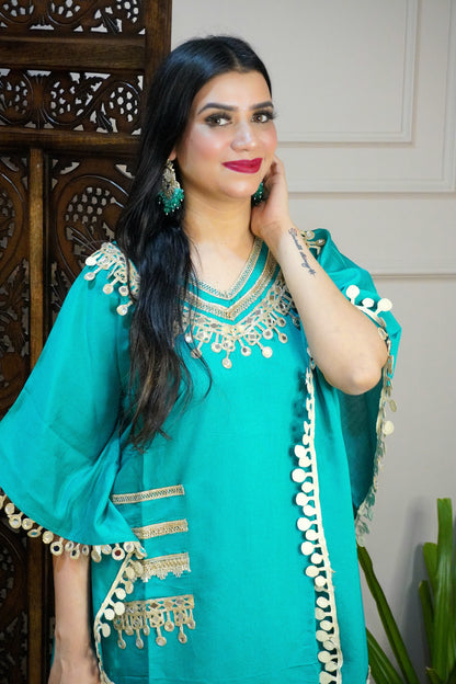 Turquoise Blue Colour Gota and Mirror Work Kaftan Set With Pocket