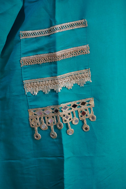 Turquoise Blue Colour Gota and Mirror Work Kaftan Set With Pocket