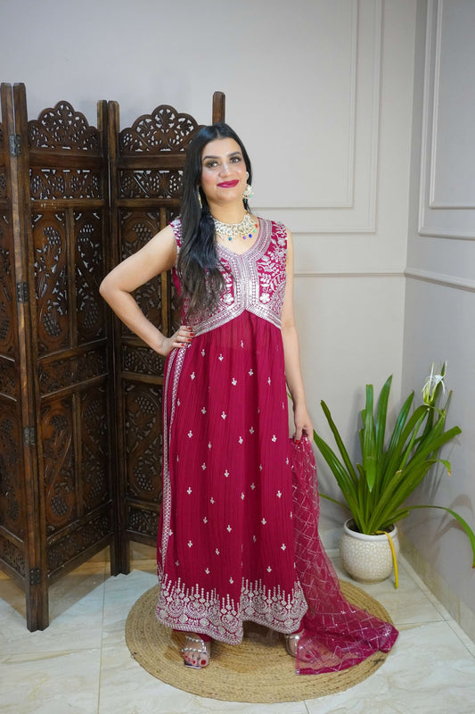 Women Sleeveless Magenta Colour Nyra Cut Kurta With Flare Palazzo & Magenta Colour Sequence Work Dupatta.  (4 Inch margin in kurta, customer can alter as per their size)