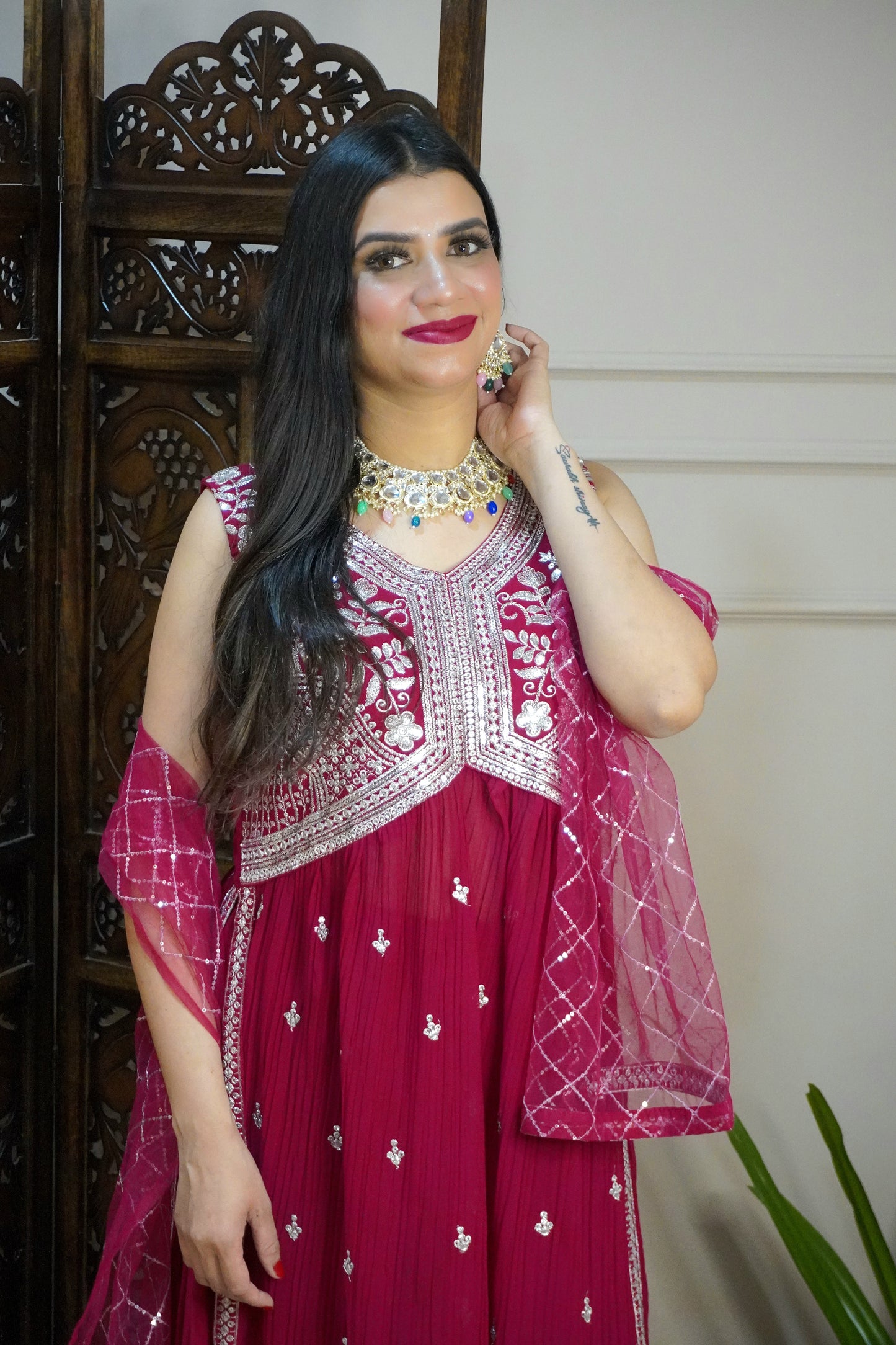 Women Sleeveless Magenta Colour Nyra Cut Kurta With Flare Palazzo & Magenta Colour Sequence Work Dupatta.  (4 Inch margin in kurta, customer can alter as per their size)