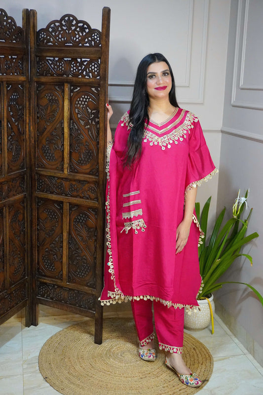 Fuchsia Pink Colour Gota and Mirror Work Kaftan Set With Pocket