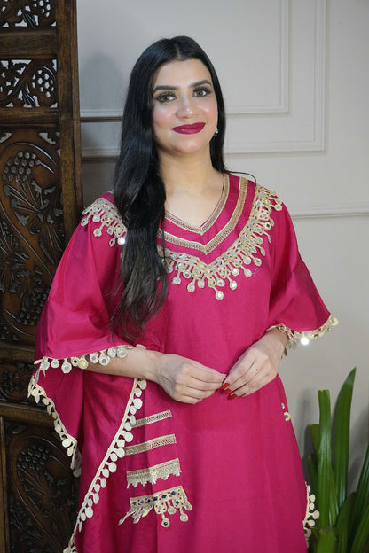 Fuchsia Pink Colour Gota and Mirror Work Kaftan Set With Pocket