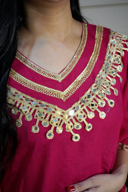Fuchsia Pink Colour Gota and Mirror Work Kaftan Set With Pocket