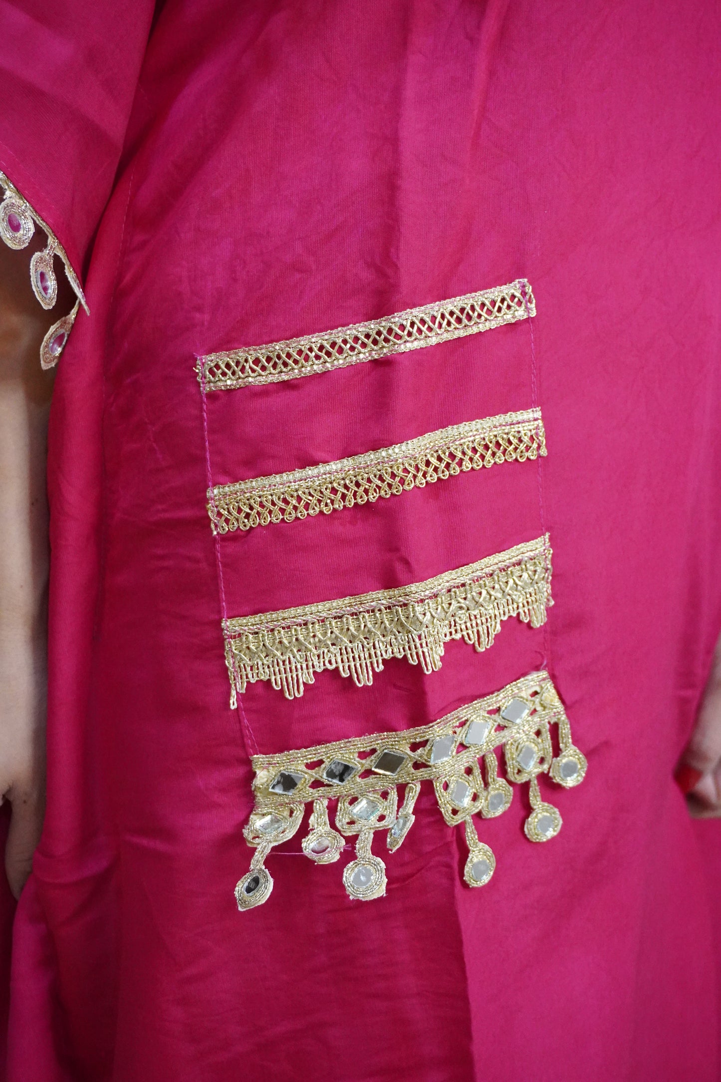 Fuchsia Pink Colour Gota and Mirror Work Kaftan Set With Pocket