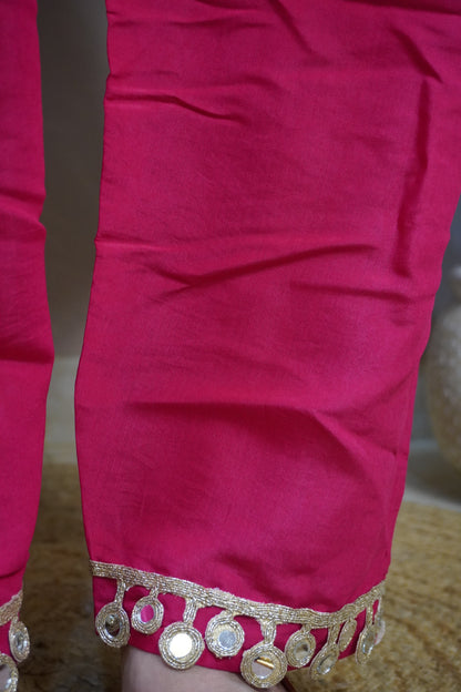 Fuchsia Pink Colour Gota and Mirror Work Kaftan Set With Pocket