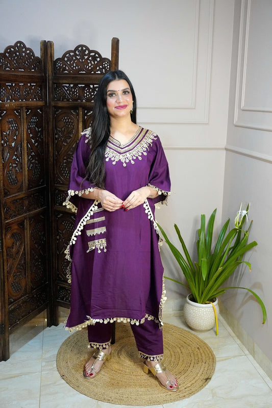 Wine Colour Gota and Mirror Work Kaftan Set With Pocket