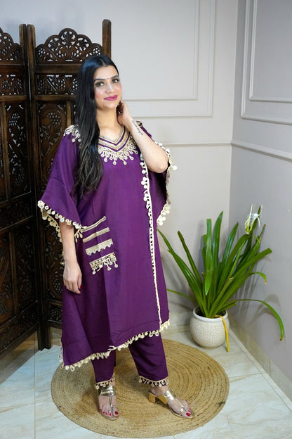 Wine Colour Gota and Mirror Work Kaftan Set With Pocket