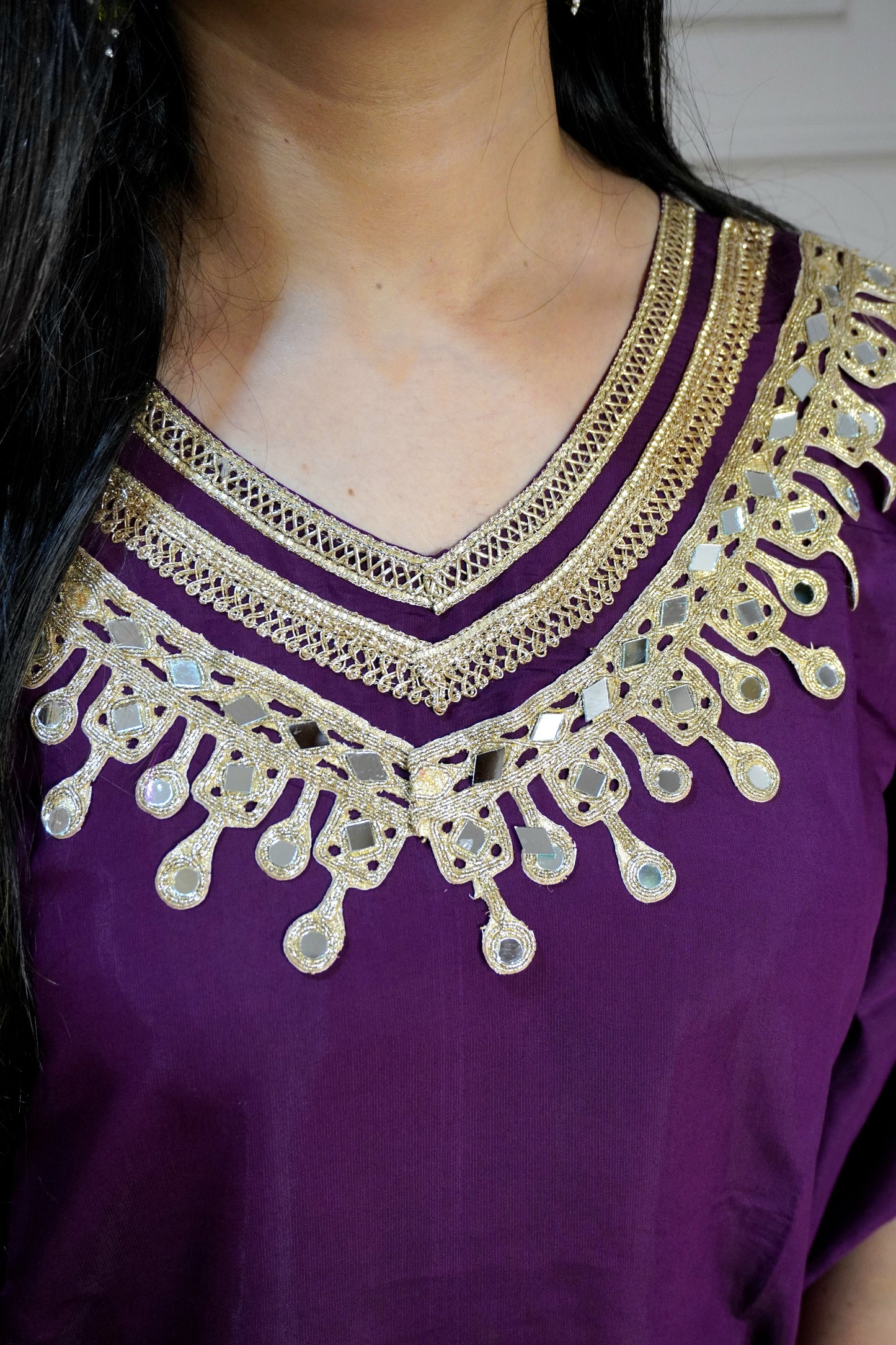 Wine Colour Gota and Mirror Work Kaftan Set With Pocket