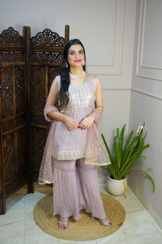 Mauve Colour Sequence & Thread Work Kurta with Sharara & Dupatta (Dress have 6 inch of margin both side for alteration as per customer need)