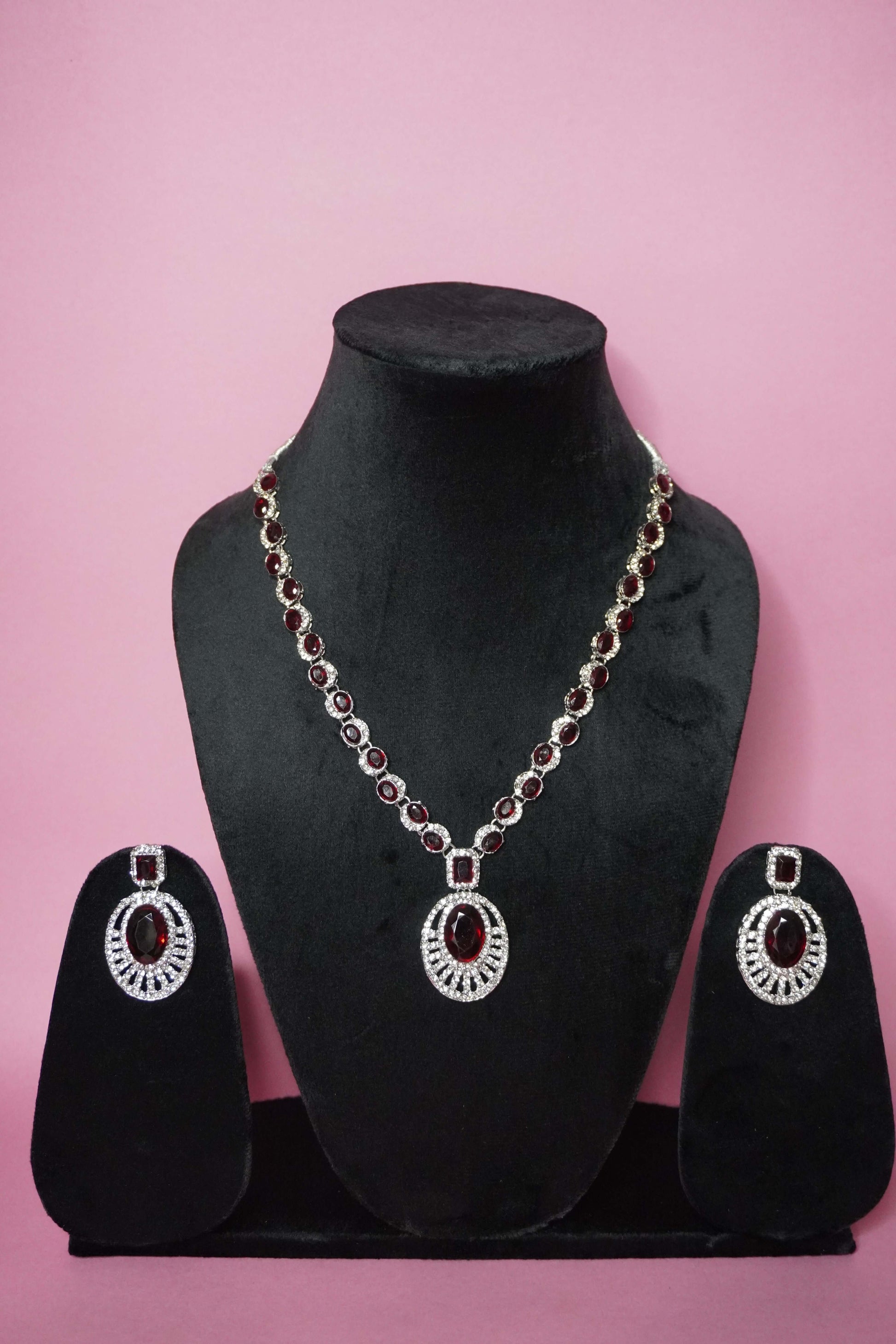 Maroon Colour Diamond work Pendant Necklace with Earring