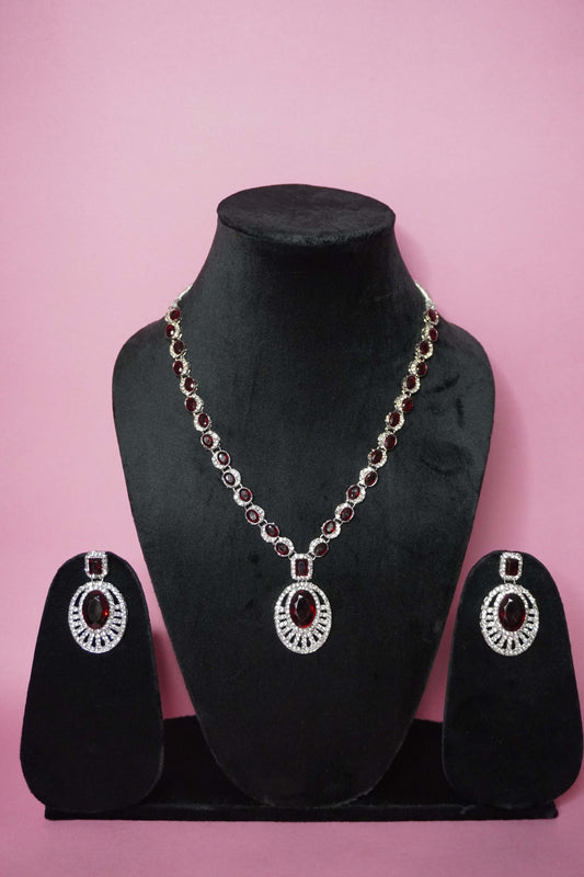 Maroon Colour Diamond work Pendant Necklace with Earring