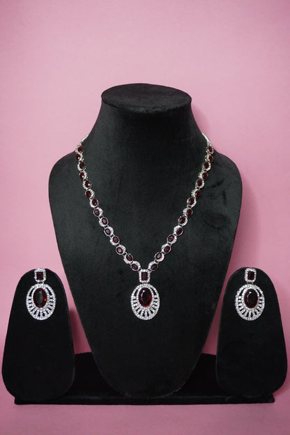 Maroon Colour Diamond work Pendant Necklace with Earring