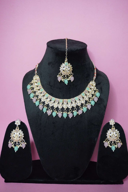 Multi Colour Kundan Necklace with Earring & Maang Tikka