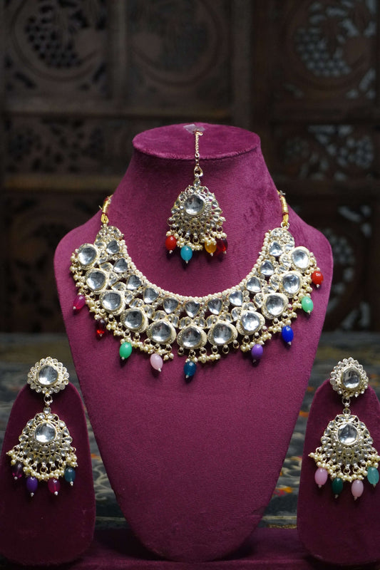 Multi Colour Kundan Necklace with Earring & Maang Tikka