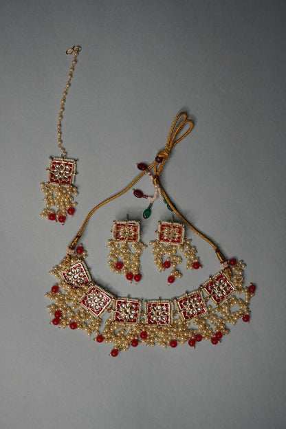 Red Colour Gold Plated Pearl Choker Necklace with Earring & Maang Tikka