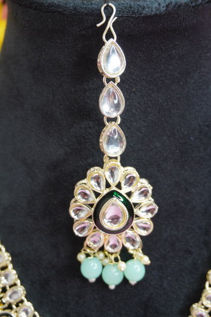 Pista green Heavy kundan necklace with Earring & Maang Tikka