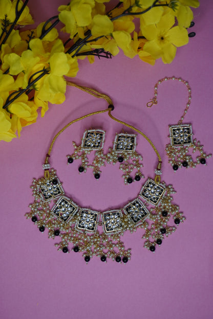Black Colour Gold Plated Pearl Choker Necklace with Earring & Maang Tikka