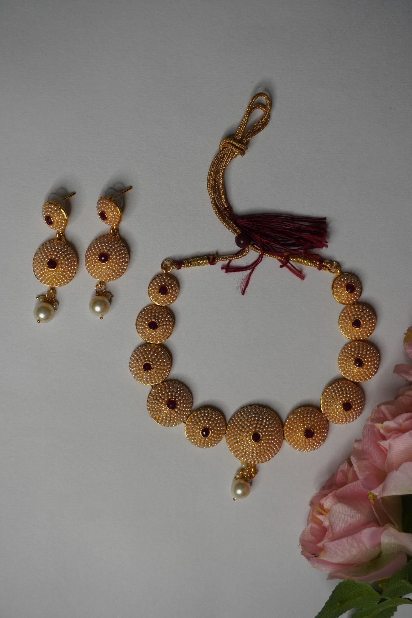 White Colour Gold Plated Pearl Necklace with Earring