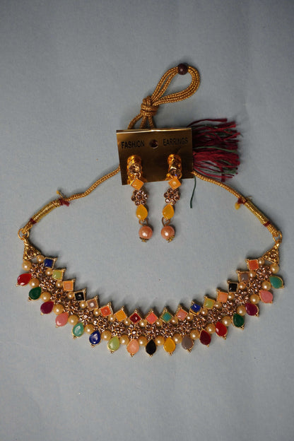 Multi Colour Kundan Necklace with Earring