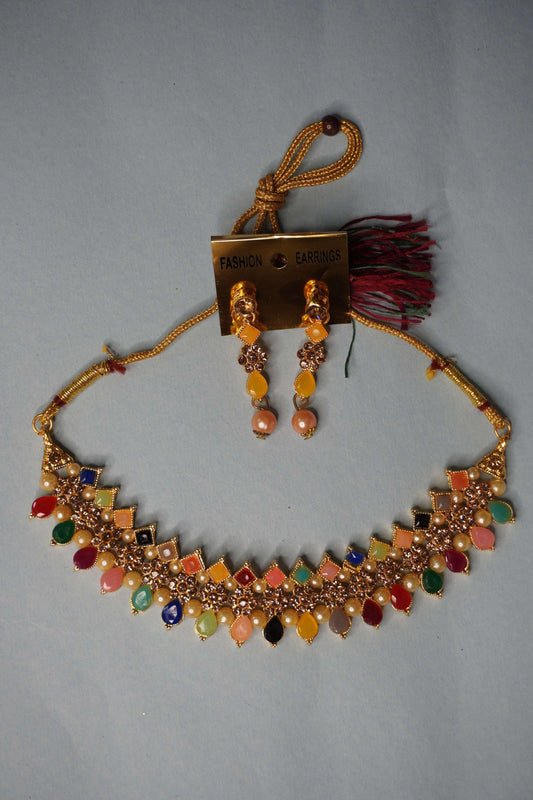 Multi Colour Kundan Necklace with Earring