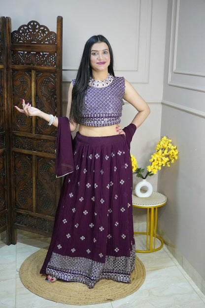 Wine Colour Thread & Mirror Work Free size Ready to Wear Designer Lehenga (Dress have 4 inch of margin both side for alteration as per customer need)