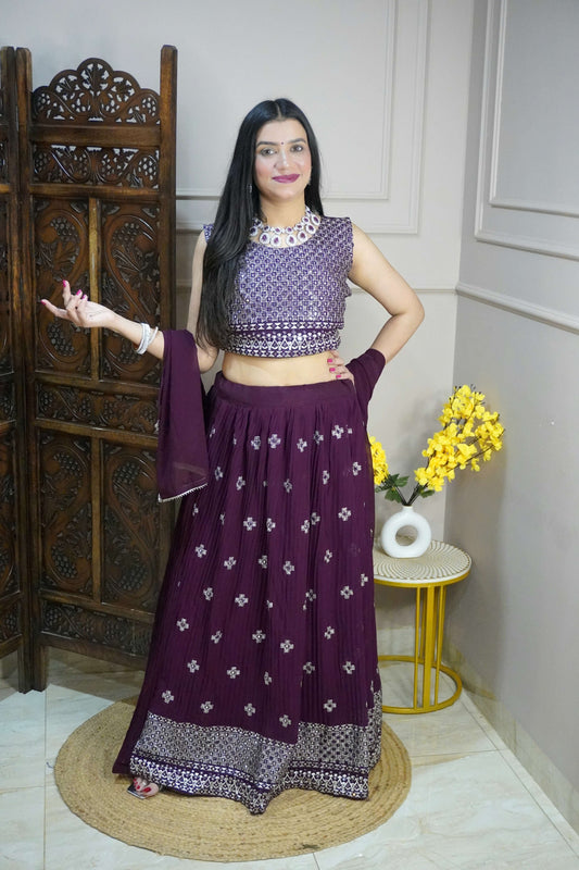 Wine Colour Thread & Mirror Work Free size Ready to Wear Designer Lehenga (Dress have 4 inch of margin both side for alteration as per customer need)