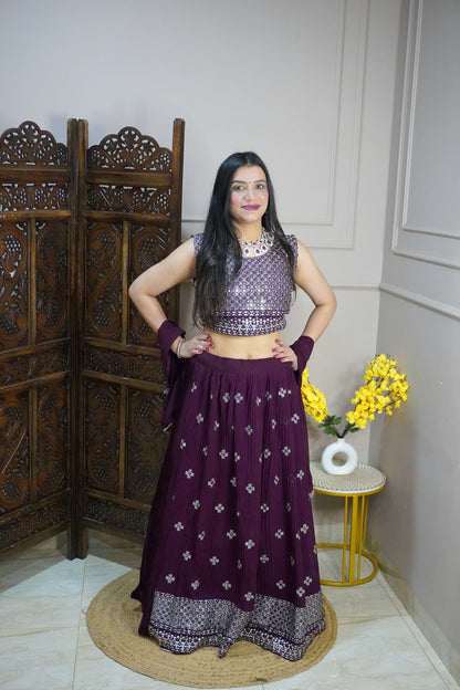 Wine Colour Thread & Mirror Work Free size Ready to Wear Designer Lehenga (Dress have 4 inch of margin both side for alteration as per customer need)