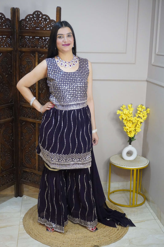 Wine Colour Sequence & Thread Work Kurta & Sharara With Dupatta (Dress have 4 inch of margin both side for alteration as per customer need)