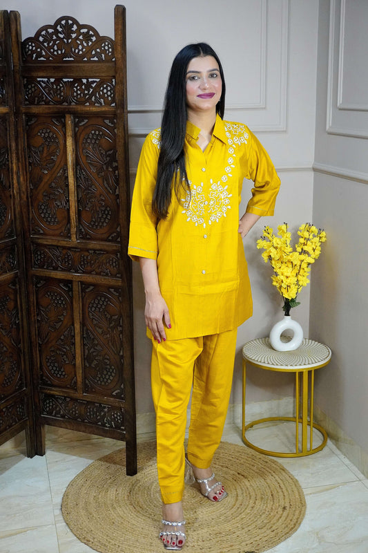 Mustard Yellow Colour Moti work Co-Ord set