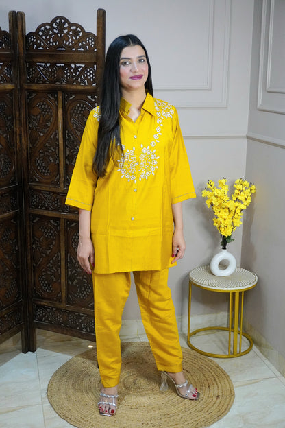 Mustard Yellow Colour Moti work Co-Ord set