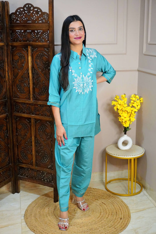 Sea Blue Colour Moti work Co-Ord set