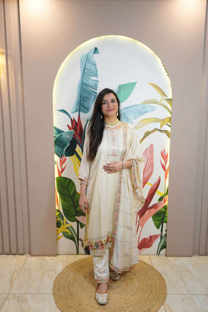 Beige Colour Zari Work Straight Kurta Set with Pant & Dupatta