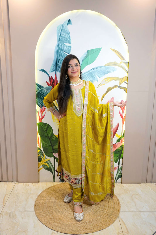 Lemon Green Colour Zari Work Straight Kurta Set with Pant & Dupatta