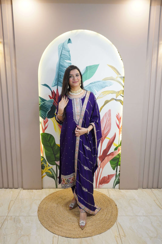 Purple Colour Zari Work Straight Kurta Set with Pant & Dupatta