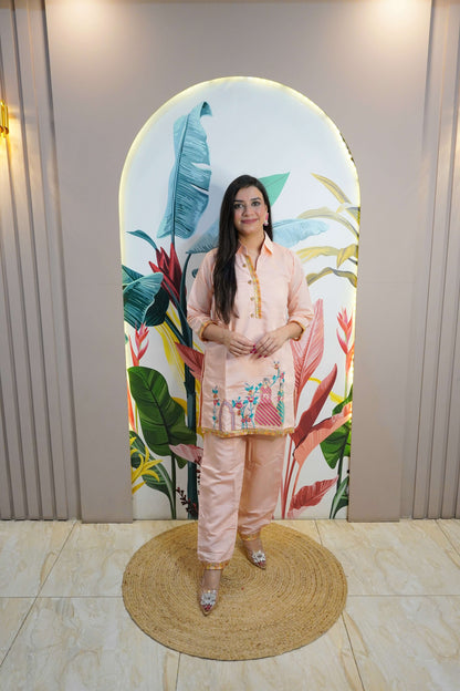 Peach Colour Thread Work Co-Ord set