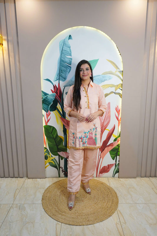 Peach Colour Thread Work Co-Ord set