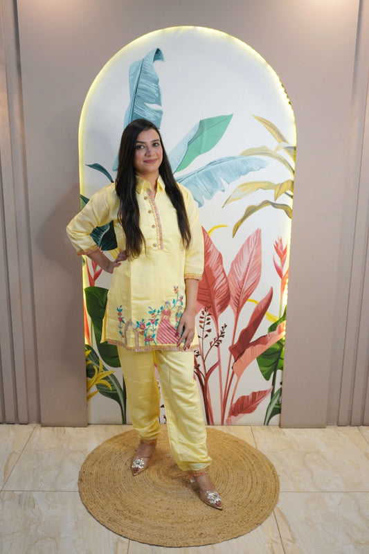 Pastel yellow Colour Thread Work Co-Ord set