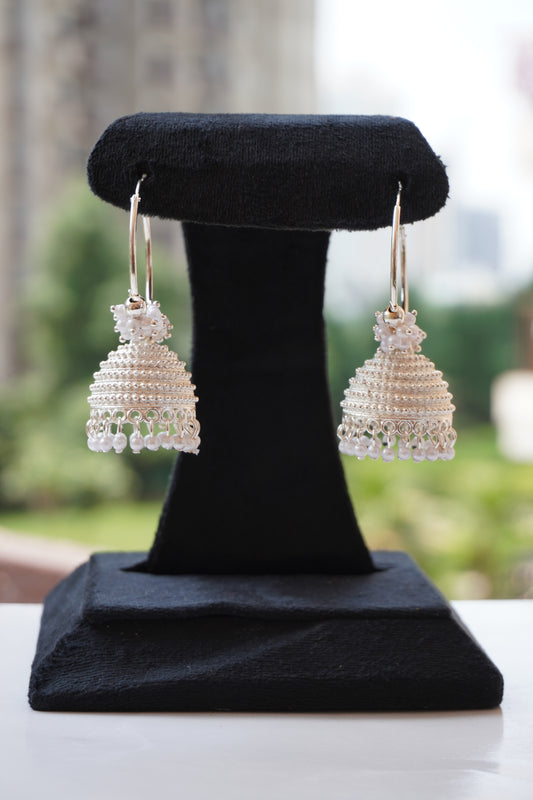 Silver Plated White Pearl Bali Jhumka earring