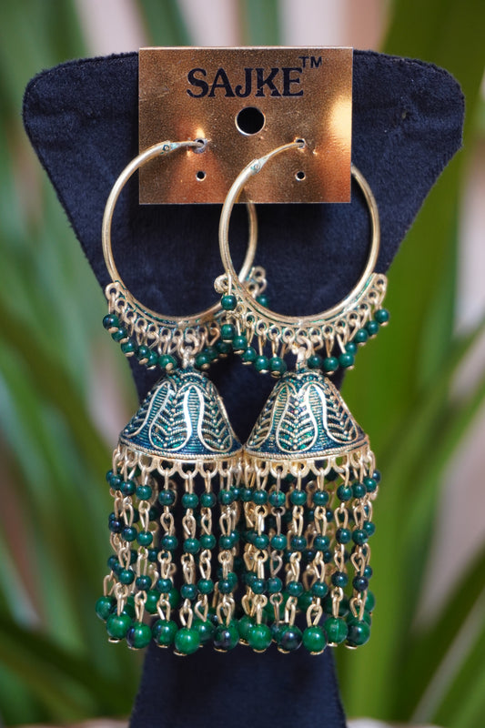 Green Colour Golden Plated Jhumka Earring