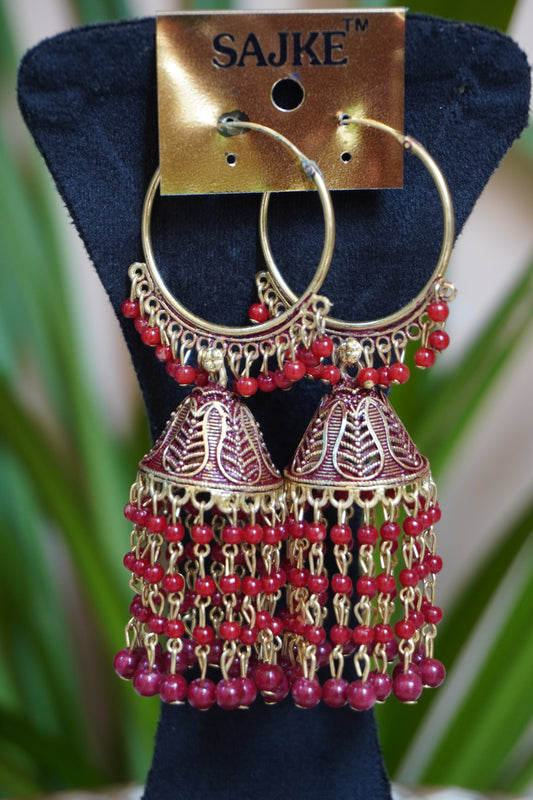 Red Colour Golden Plated Jhumka Earring