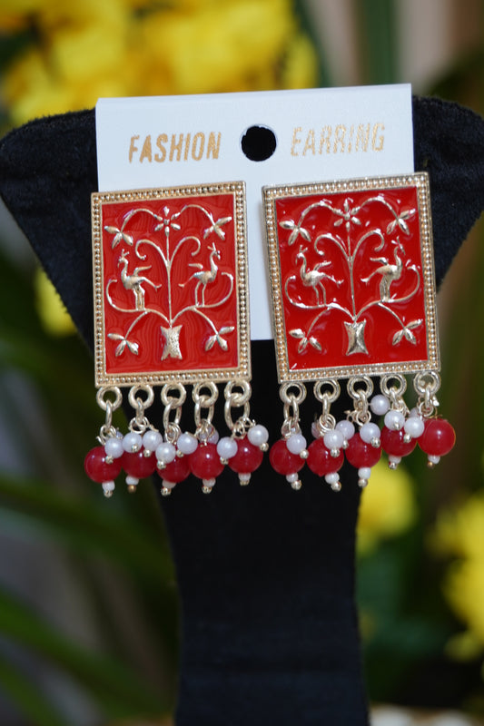 Red colour rectangle shape meenakari stud