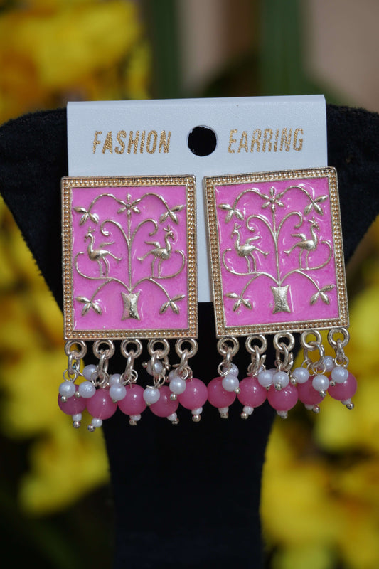 Baby Pink colour rectangle shape meenakari stud