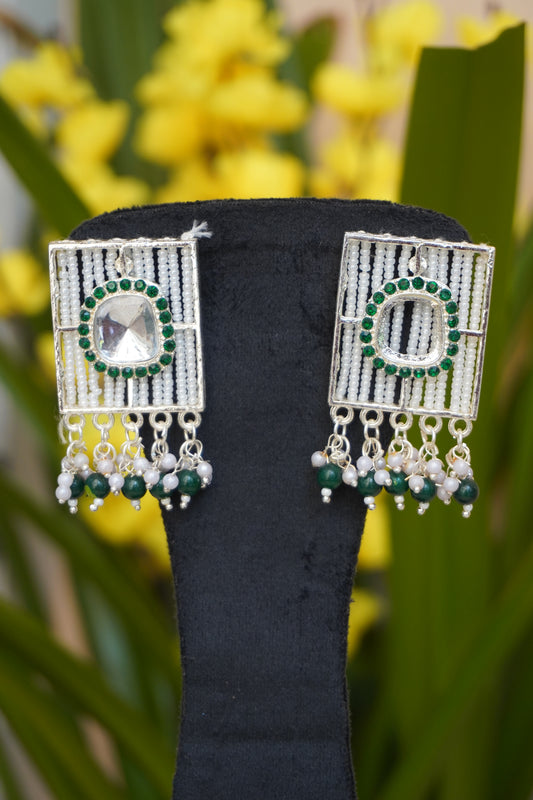 Green colour rectangle shape Pearl work earrings