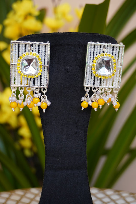 Yellow colour rectangle shape Pearl work earrings