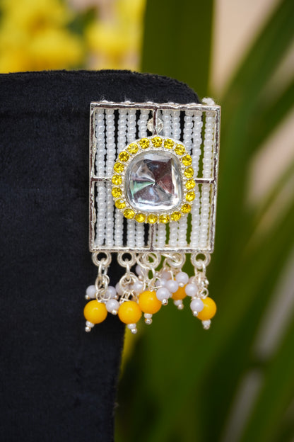 Yellow colour rectangle shape Pearl work earrings
