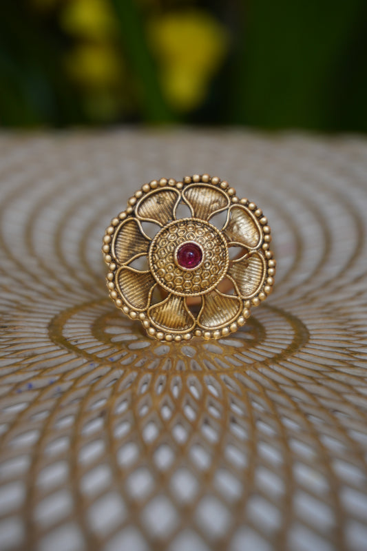 Round Shape Gold Plated Rajwadi Look Adjustable Ring
