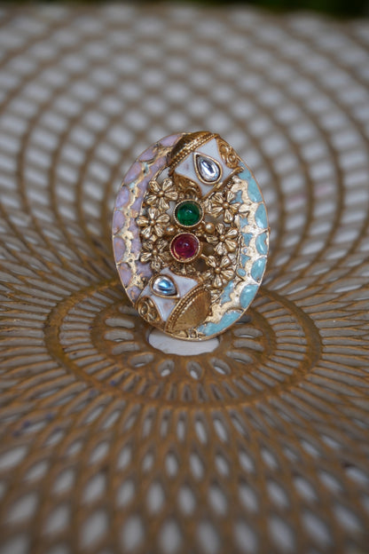 Oval Shape Gold Plated Rajwadi Look Adjustable Ring