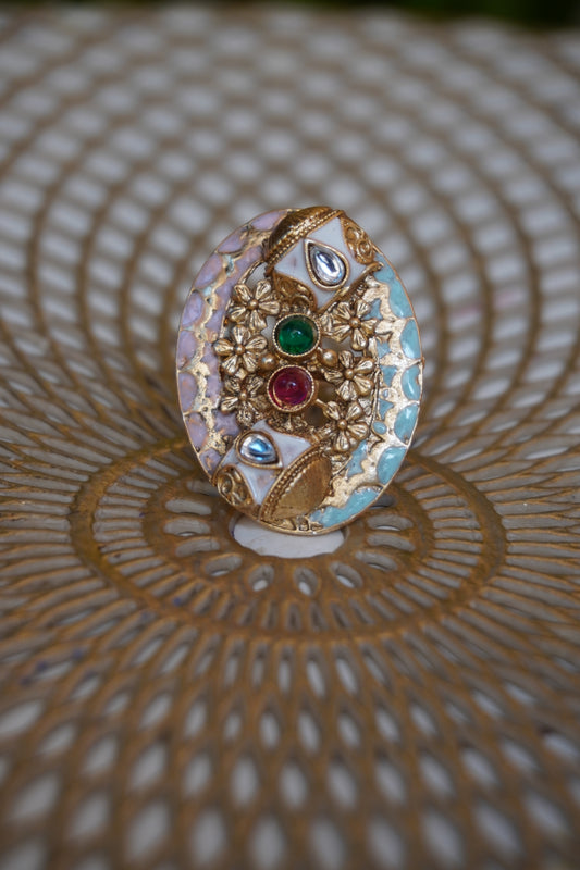 Oval Shape Gold Plated Rajwadi Look Adjustable Ring